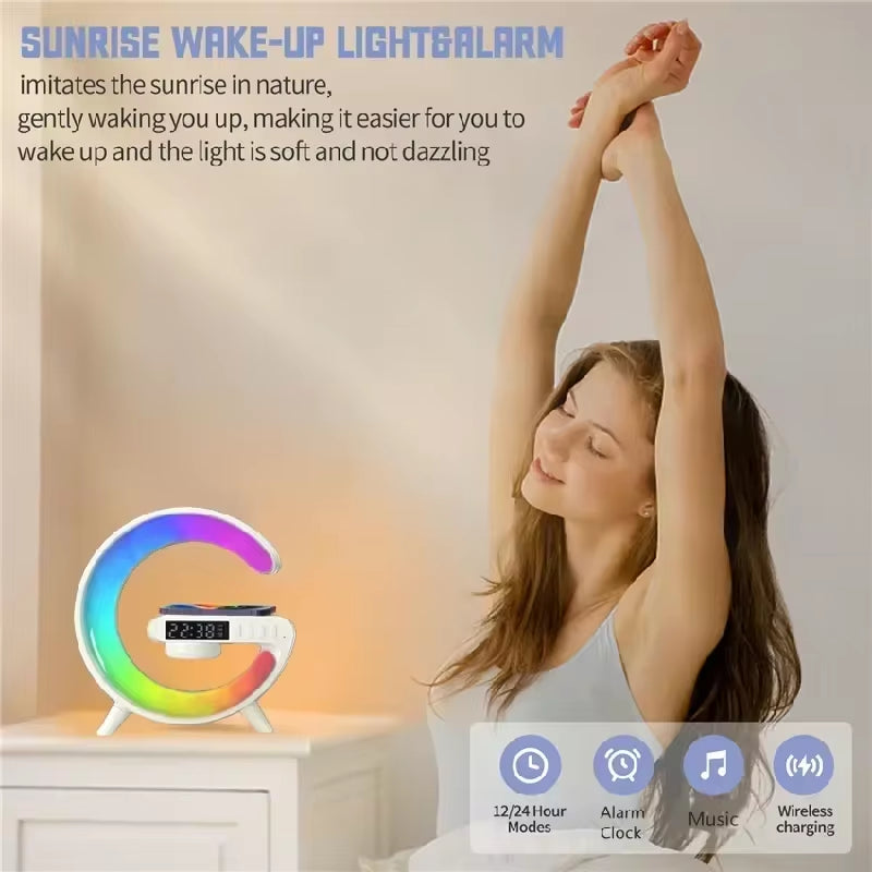 "G-Shape Atmosphere Goodnight Light" - Mini Wireless Charger/ Speaker / Clock with 6 Mood Lighting Modes | Perfect for iPhone 15/14/13 & Samsung Fast Charging