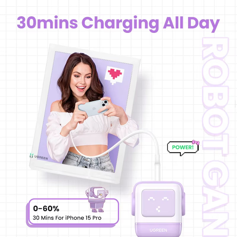 "65W Robot GaN Charger" - Quick Charge 4.0 & 3.0 PPS Powerhouse for iPhone 16/15/14 Pro | MacBook | Tablets – Fast Charging Made Fun!