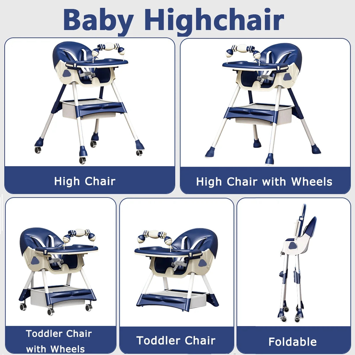 "SolarSoda Tiny High Chair" - Foldable Portable 5-in-1 High Chair for Babies & Toddlers in Stylish Blue