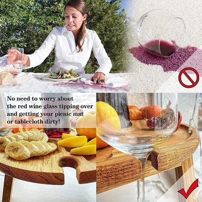 "Nordic Style Wooden Folding Picnic Table" – 2-in-1 Round Wine Glass Holder & Collapsible Table for Outdoor Fun