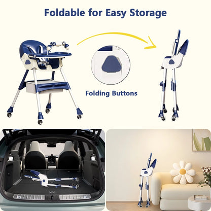 "SolarSoda Tiny High Chair" - Foldable Portable 5-in-1 High Chair for Babies & Toddlers in Stylish Blue