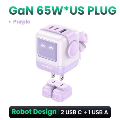 "65W Robot GaN Charger" - Quick Charge 4.0 & 3.0 PPS Powerhouse for iPhone 16/15/14 Pro | MacBook | Tablets – Fast Charging Made Fun!