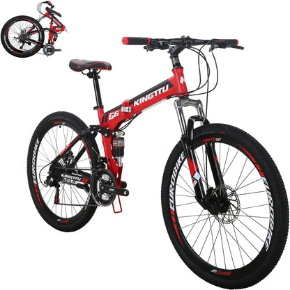 "EUROBIKE 'G6' Folding Bicycle" - Full-Suspension 26" Mountain Bike | 21-Speed Adventure Machine for Men & Women in Bold Red