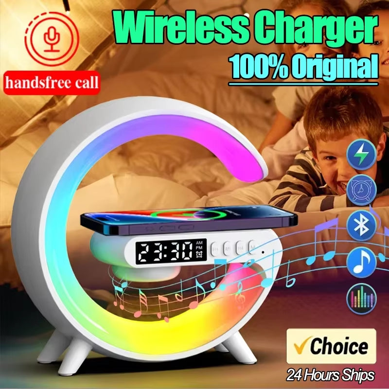 "G-Shape Atmosphere Goodnight Light" - Mini Wireless Charger/ Speaker / Clock with 6 Mood Lighting Modes | Perfect for iPhone 15/14/13 & Samsung Fast Charging