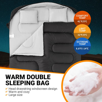 "KingCamp Double Sleeping Bag Set" - Water-Resistant 2-in-1 Design with 2 Pillows | Perfect for 3-Season Camping Adventures (Black/ Comfort Range 6.8℉ to 41℉)