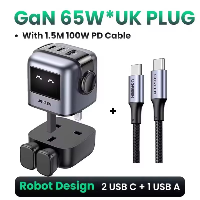 "65W Robot GaN Charger" - Quick Charge 4.0 & 3.0 PPS Powerhouse for iPhone 16/15/14 Pro | MacBook | Tablets – Fast Charging Made Fun!