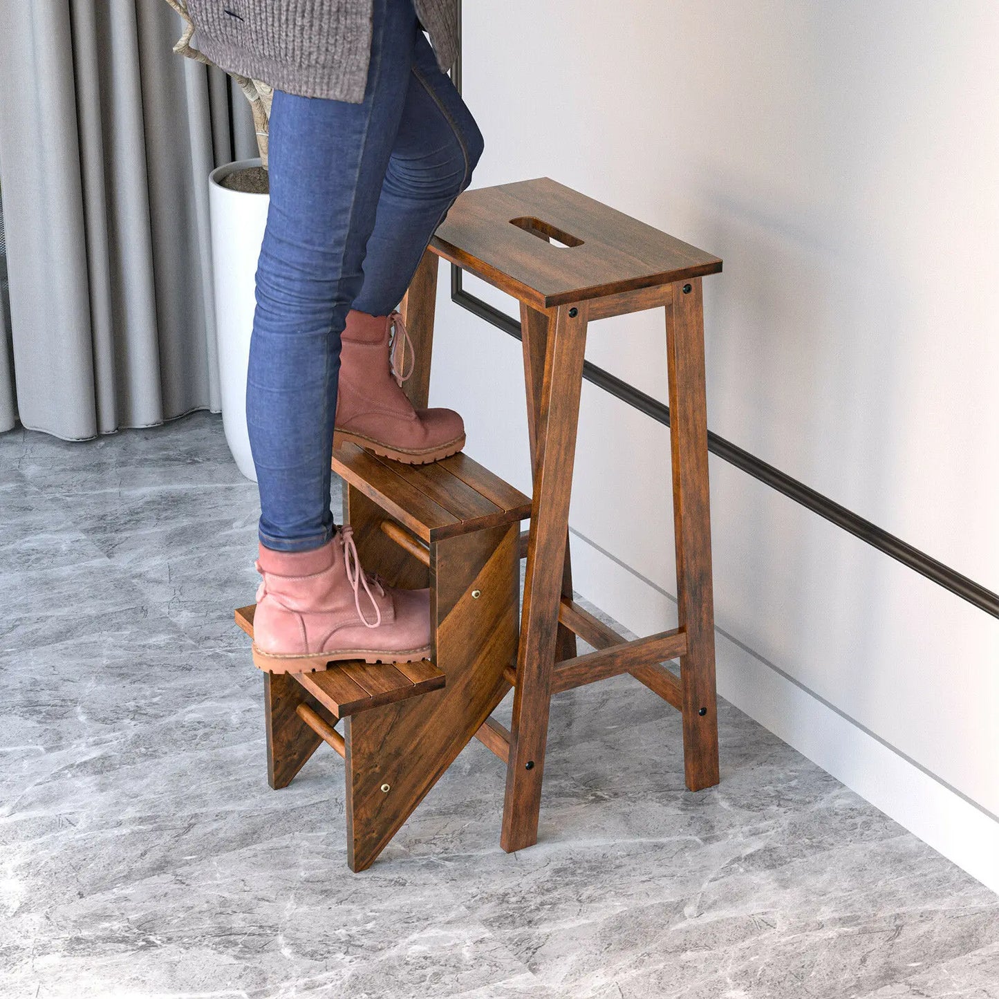 "CONWAY 3-Tier Folding Step Stool & Ladder" – 3-in-1 Rubber Wood Design | Built-In Storage Shelf | Stylish, Durable, and Space-Saving Solution