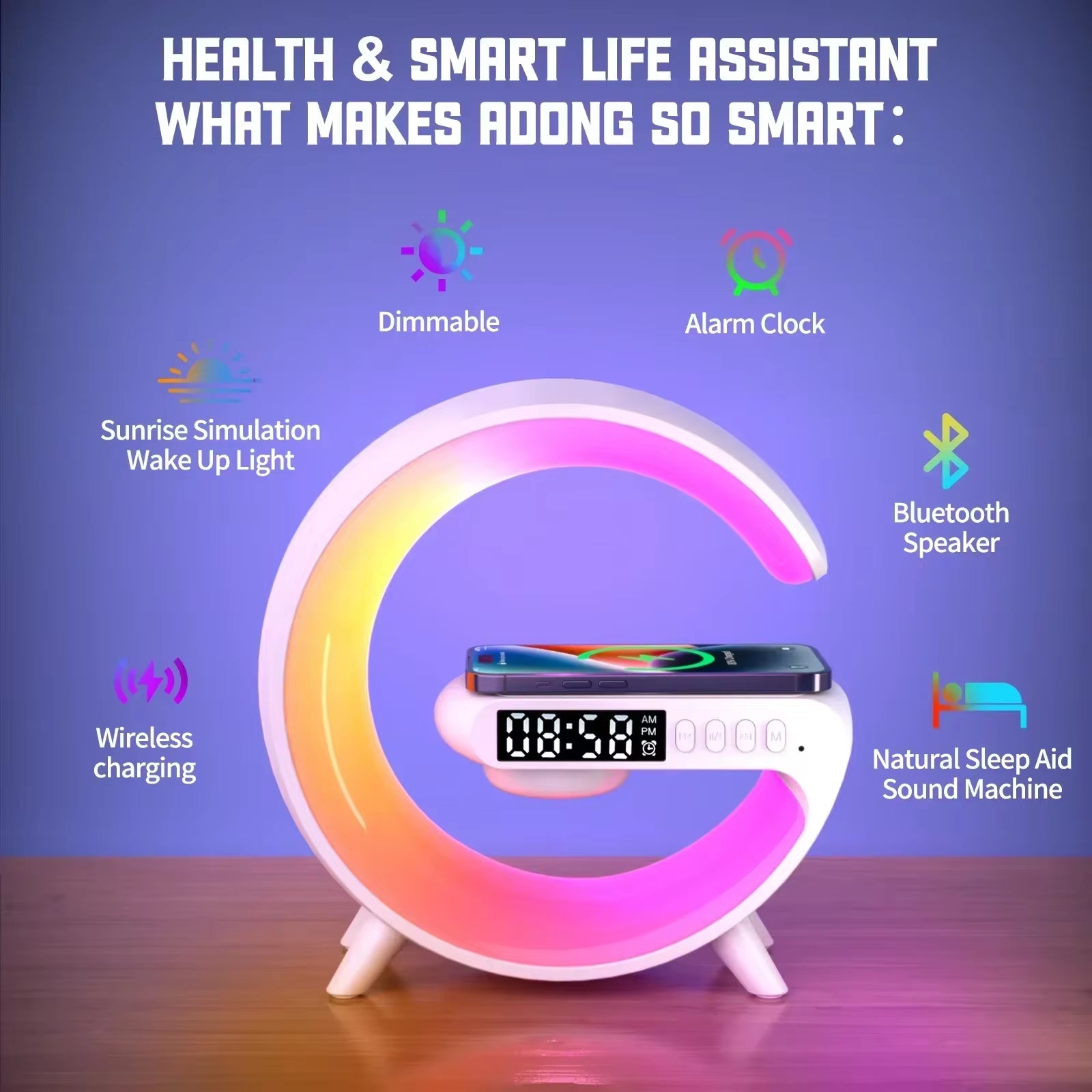 "G-Shape Atmosphere Goodnight Light" - Mini Wireless Charger/ Speaker / Clock with 6 Mood Lighting Modes | Perfect for iPhone 15/14/13 & Samsung Fast Charging