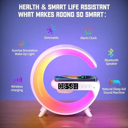 "G-Shape Atmosphere Goodnight Light" - Mini Wireless Charger/ Speaker / Clock with 6 Mood Lighting Modes | Perfect for iPhone 15/14/13 & Samsung Fast Charging