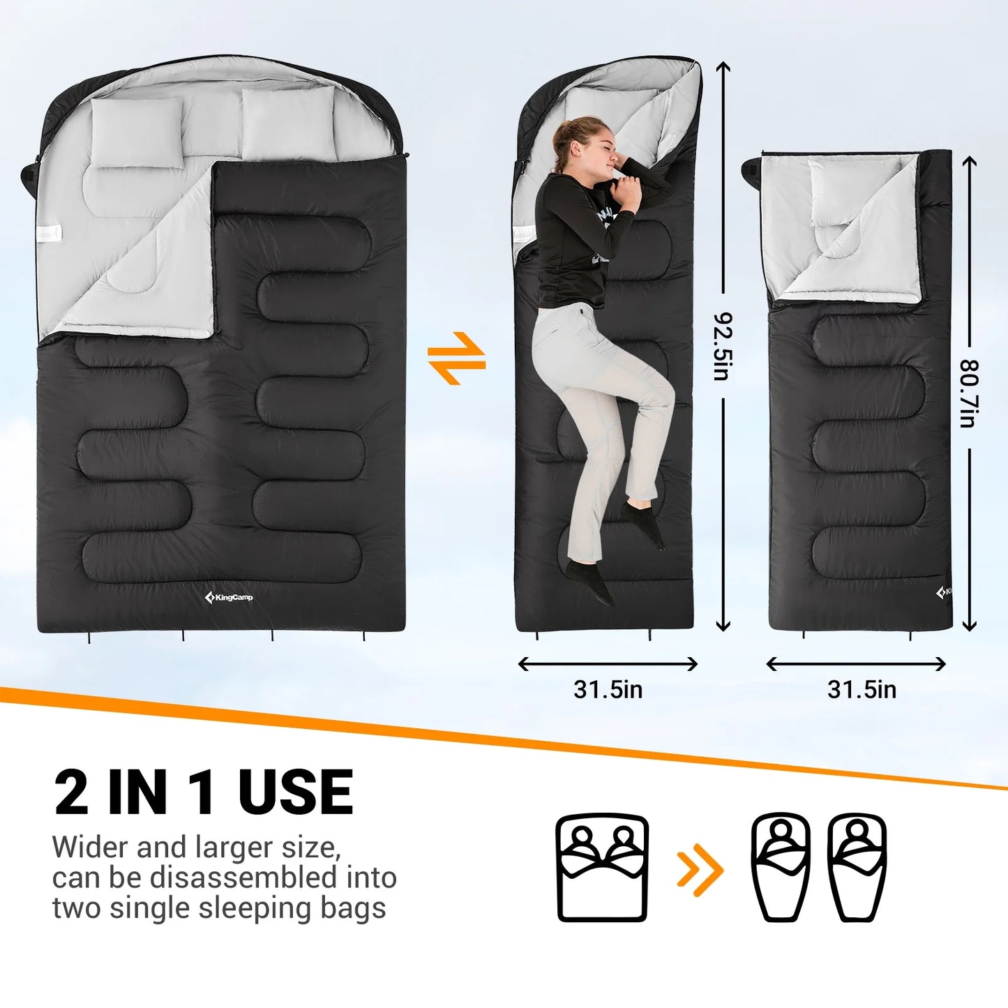 "KingCamp Double Sleeping Bag Set" - Water-Resistant 2-in-1 Design with 2 Pillows | Perfect for 3-Season Camping Adventures (Black/ Comfort Range 6.8℉ to 41℉)