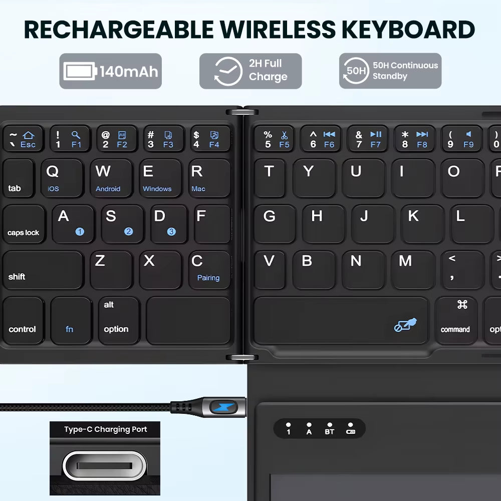 "GEODMAER Portable Quadruple-Folding Keyboard with Touchpad" – Compact, Wireless, and Perfect for Tablets, iPads, Phones & More