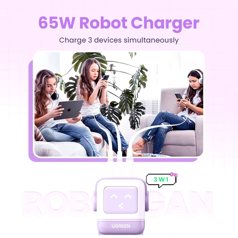 "65W Robot GaN Charger" - Quick Charge 4.0 & 3.0 PPS Powerhouse for iPhone 16/15/14 Pro | MacBook | Tablets – Fast Charging Made Fun!