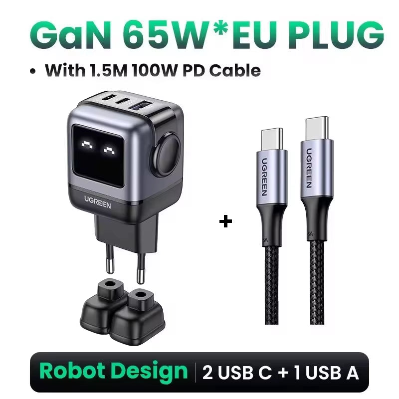 "65W Robot GaN Charger" - Quick Charge 4.0 & 3.0 PPS Powerhouse for iPhone 16/15/14 Pro | MacBook | Tablets – Fast Charging Made Fun!