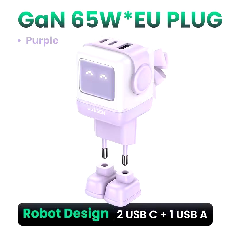 "65W Robot GaN Charger" - Quick Charge 4.0 & 3.0 PPS Powerhouse for iPhone 16/15/14 Pro | MacBook | Tablets – Fast Charging Made Fun!