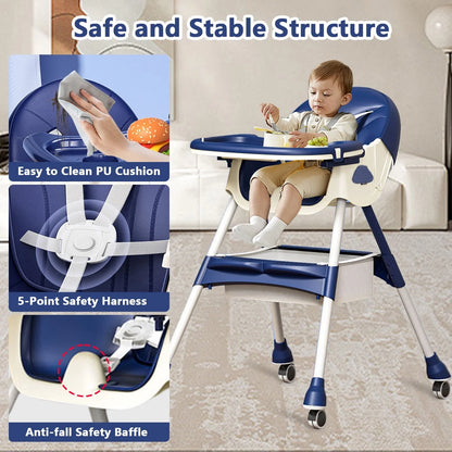 "SolarSoda Tiny High Chair" - Foldable Portable 5-in-1 High Chair for Babies & Toddlers in Stylish Blue