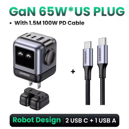 "65W Robot GaN Charger" - Quick Charge 4.0 & 3.0 PPS Powerhouse for iPhone 16/15/14 Pro | MacBook | Tablets – Fast Charging Made Fun!