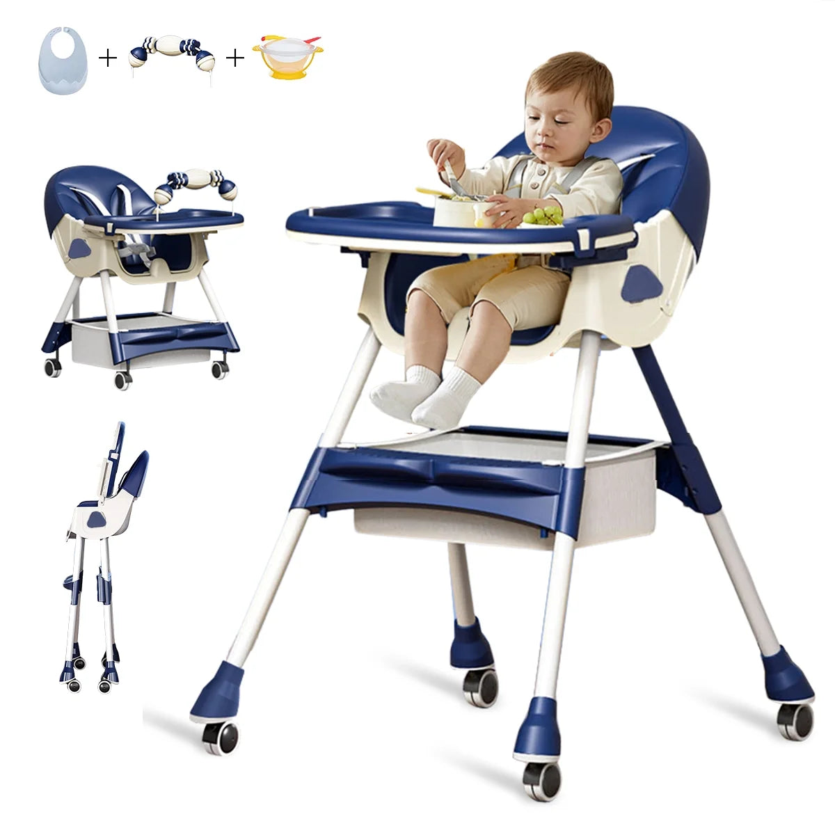 "SolarSoda Tiny High Chair" - Foldable Portable 5-in-1 High Chair for Babies & Toddlers in Stylish Blue