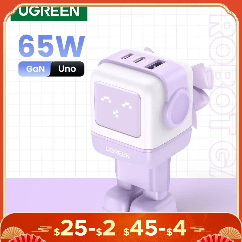 "65W Robot GaN Charger" - Quick Charge 4.0 & 3.0 PPS Powerhouse for iPhone 16/15/14 Pro | MacBook | Tablets – Fast Charging Made Fun!