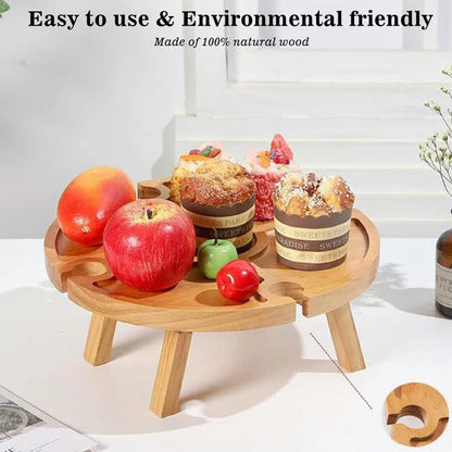 "Nordic Style Wooden Folding Picnic Table" – 2-in-1 Round Wine Glass Holder & Collapsible Table for Outdoor Fun