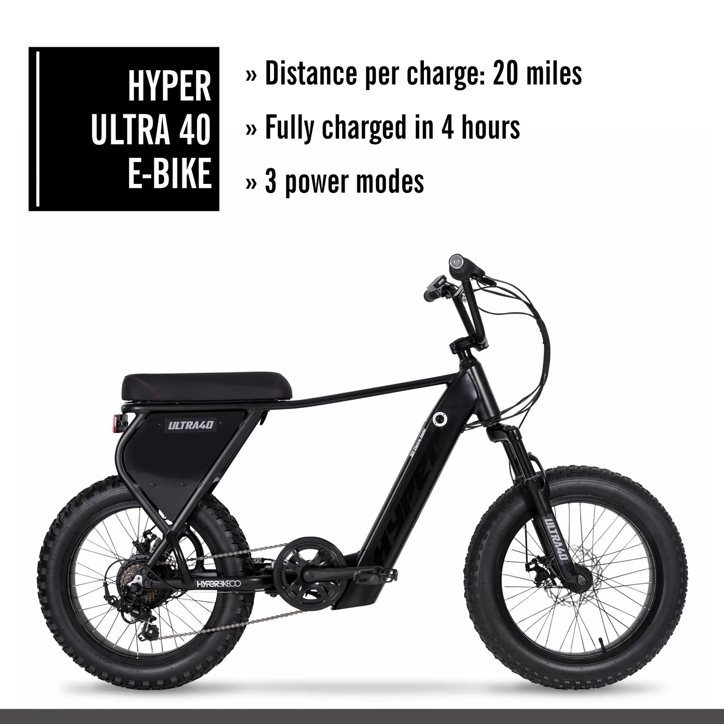 "HYPER 'Ultra 40' E-Bike" – Sleek Matte Black 20" Electric Bike with 250W Motor & 36V Power