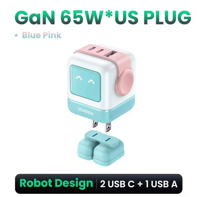 "65W Robot GaN Charger" - Quick Charge 4.0 & 3.0 PPS Powerhouse for iPhone 16/15/14 Pro | MacBook | Tablets – Fast Charging Made Fun!